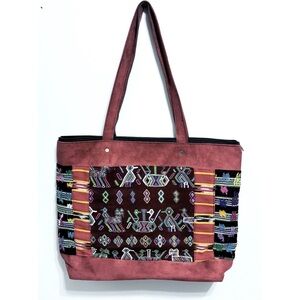 Boho tote bag in suede burgundy Aztec pattern stitch carry straps mirror accents